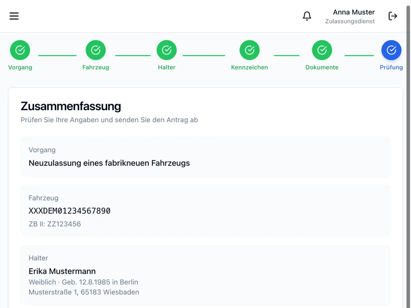 Prüfansicht mit Fahrzeug und Halter vor der Einreichung einer Neuzulassung; Musterdaten