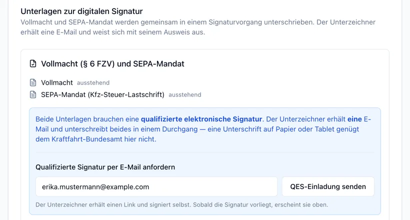 Vollmacht und SEPA-Mandat mit E-Mail-Einladung zur qualifizierten Signatur; Musterdaten